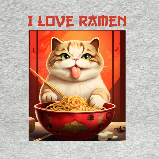 Quirky Kitty Cat Eating Ramen - I Love Ramen by KittyStampedeCo